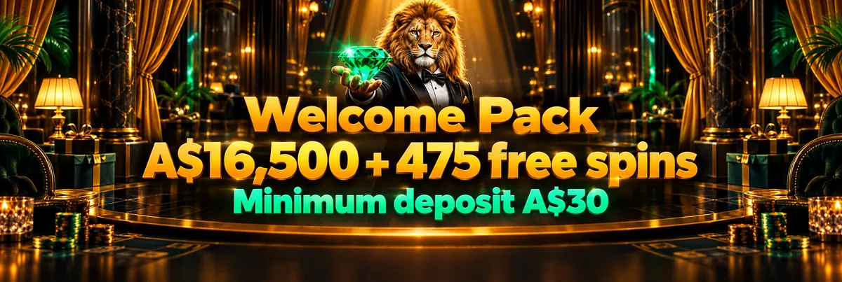 Regal lion casino host presenting a glowing faceted gemstone in an exclusive orange and green lounge